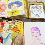 Examples of whimsical watercolor faces and mixed media illustrations with simple expressive features, created with watercolor, pencils and markers for the Whimsical Pretty Faces workshop.