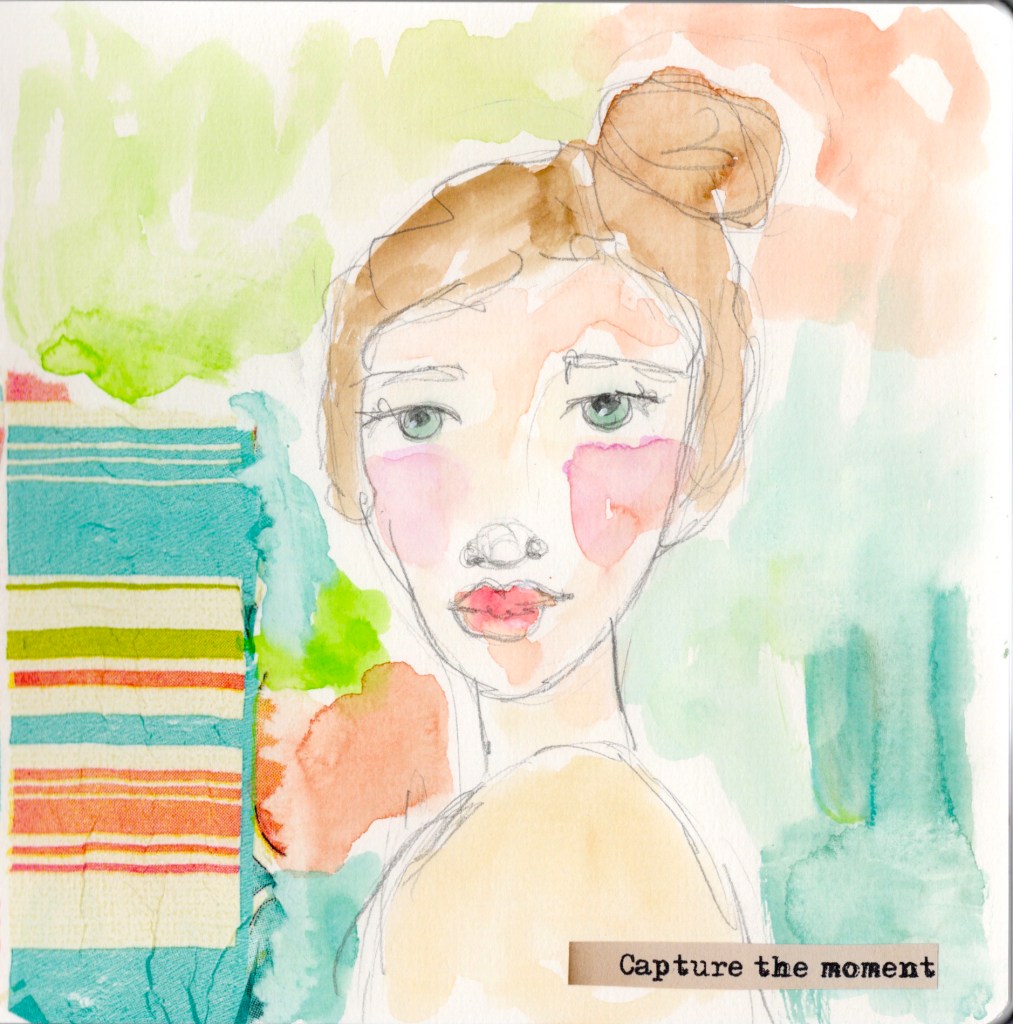 A watercolor portrait of a young woman with soft colors in the background, featuring strips of colored paper and the words 'Capture the moment' at the bottom.