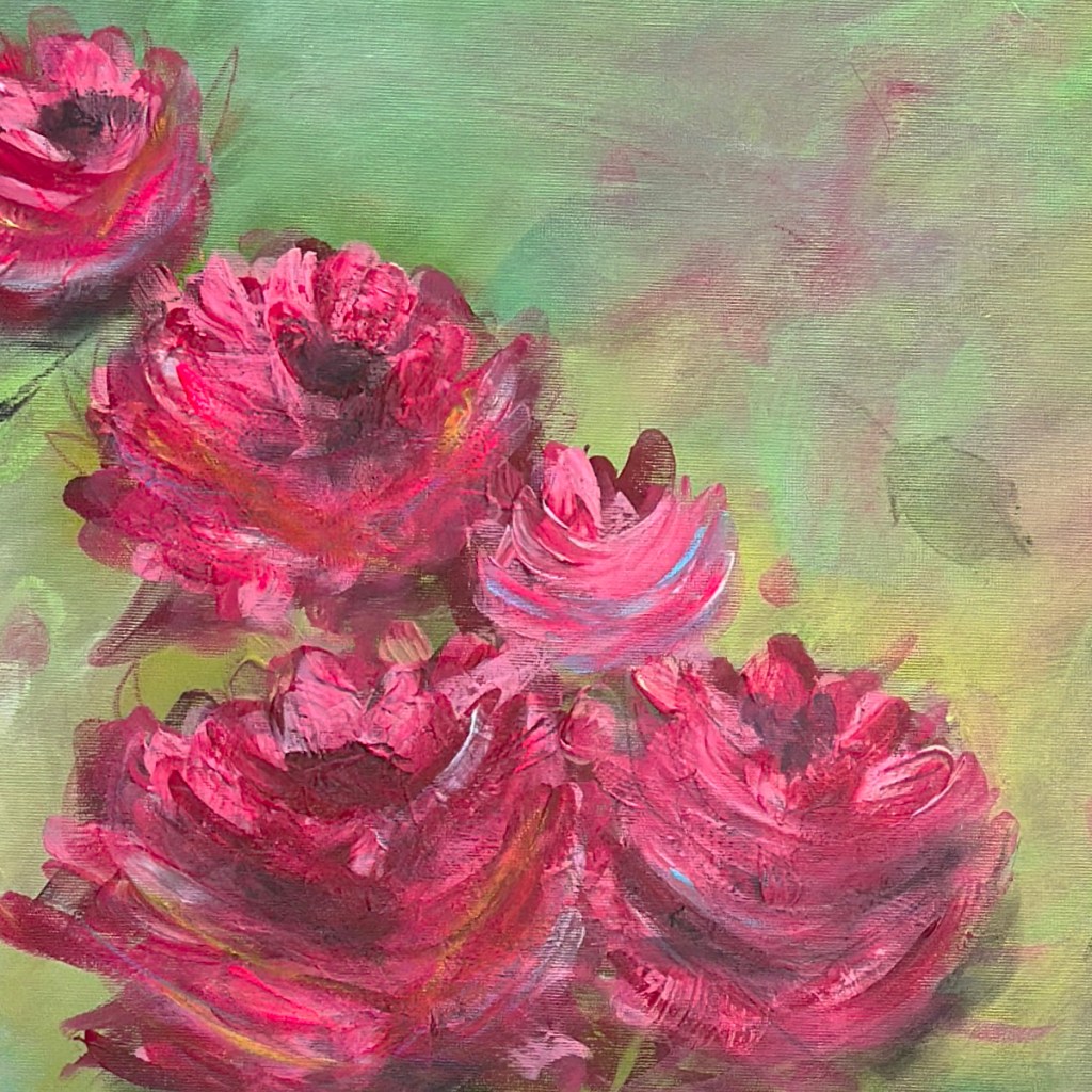 A close-up painting of vibrant pink roses against a soft, green background, capturing the gentle beauty of blooming flowers.