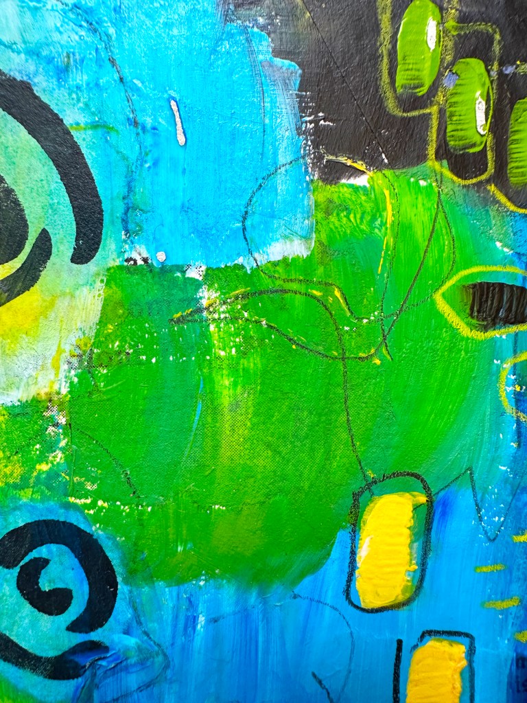Abstract close-up of a colorful mixed media artwork featuring vibrant blue, green, and yellow hues with bold black lines.