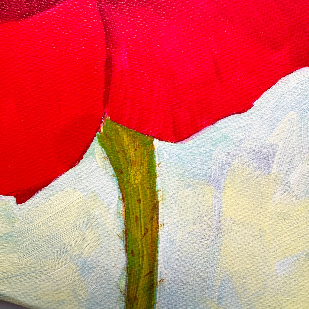 Close-up of a vibrant red poppy painting, highlighting texture, brushstrokes, and the flower's stem against a soft background.