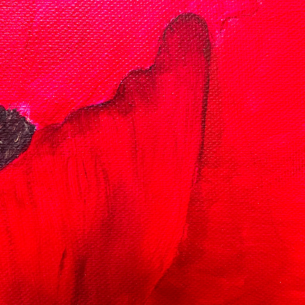 Close-up detail of a red poppy painting, showcasing thick brushstrokes and vibrant colors.