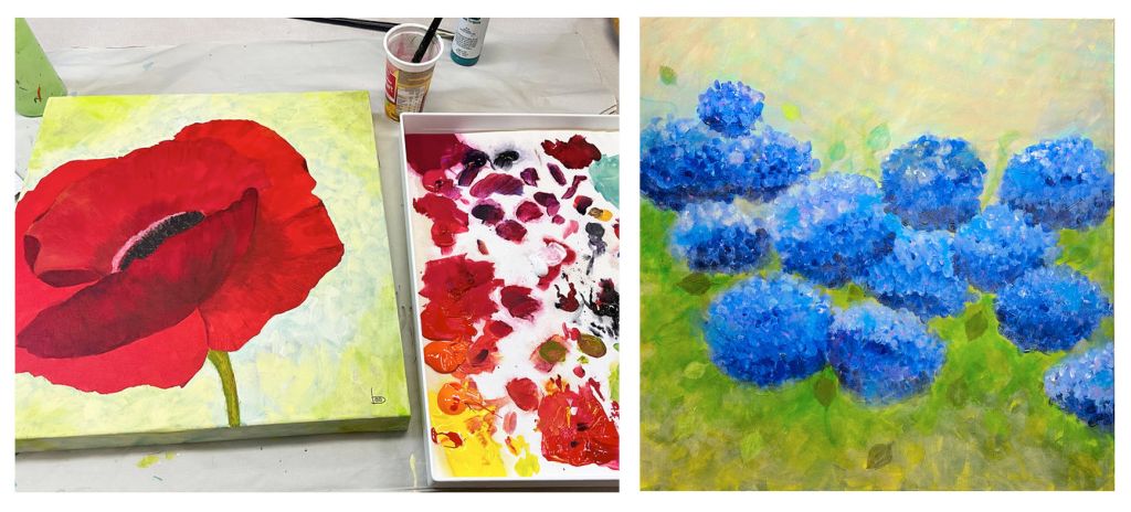 A side-by-side image featuring two paintings: on the left, a vibrant red poppy on a light green background, and on the right, a cluster of blue hydrangeas against a softly blended background.