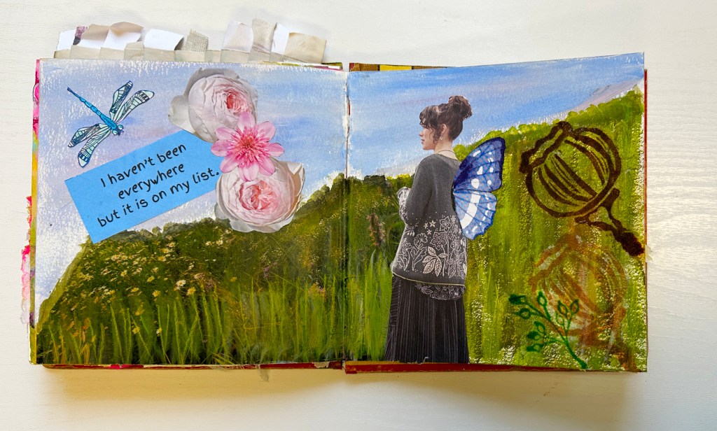Art journal page featuring a figure with a butterfly wing, surrounded by torn magazine images, flowers, and various stamped elements. The background includes vibrant colors and a quote on a blue background.