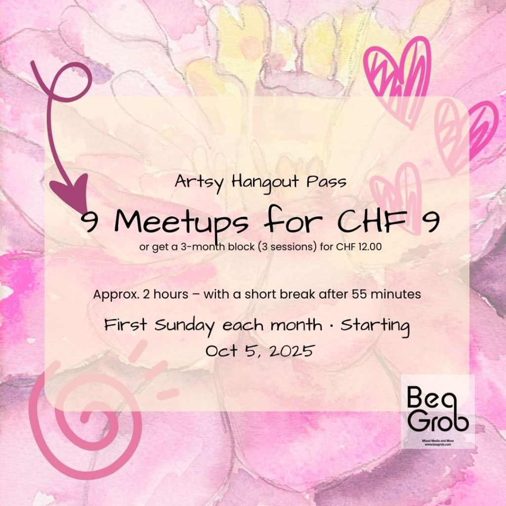 Graphic promoting 'Artsy Hangouts' featuring pastel floral background, with details about 9 meetups for CHF 9, occurring monthly starting on October 5, 2025.