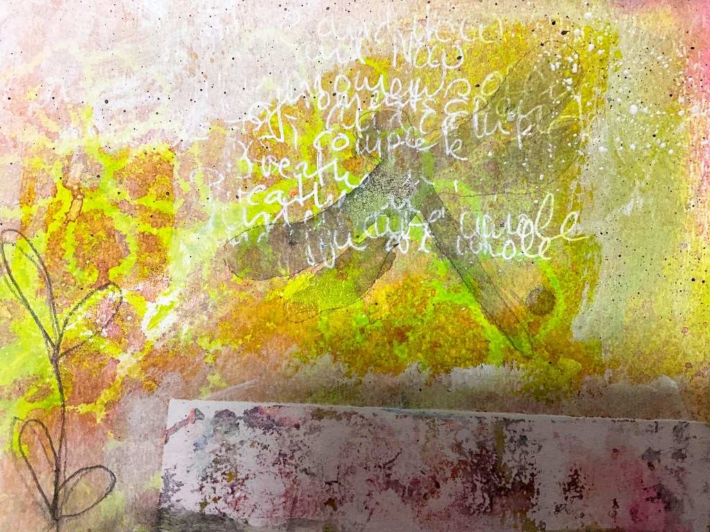 Colorful abstract painting with soft pastel hues and textured layers, featuring splashes of yellow, orange, and pink, along with handwritten elements.