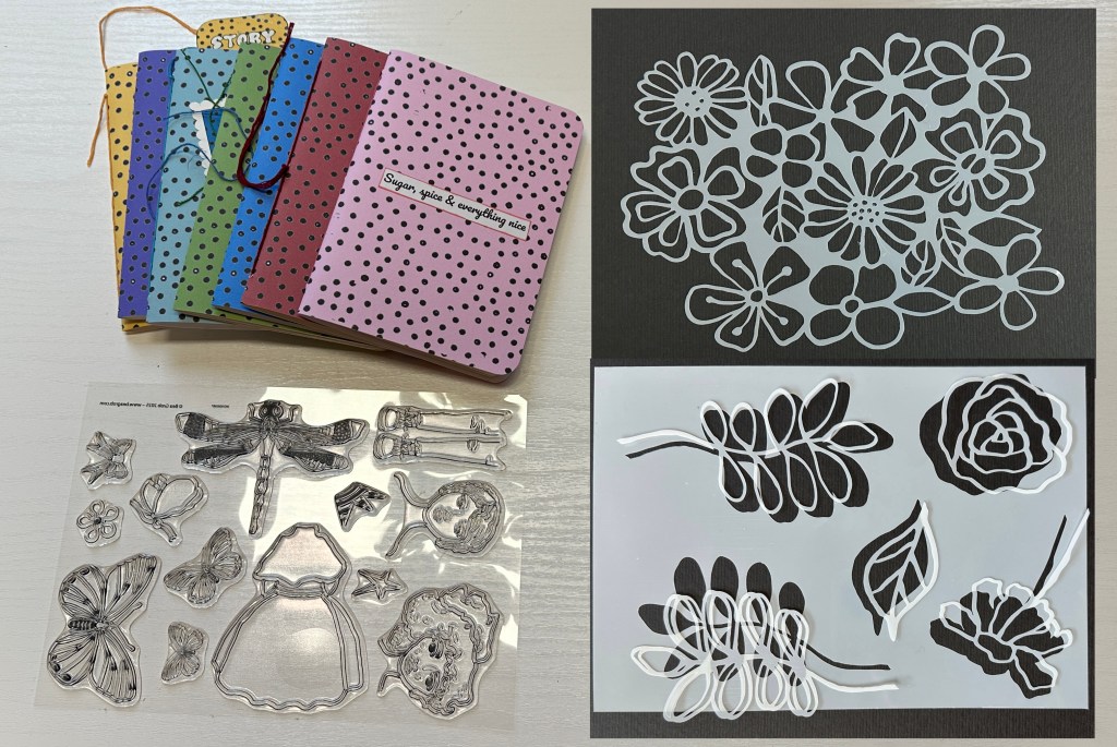 A collection of colorful A6 mini journals with polka dot covers, featuring a stencil and stamp set showcasing floral and nature designs.