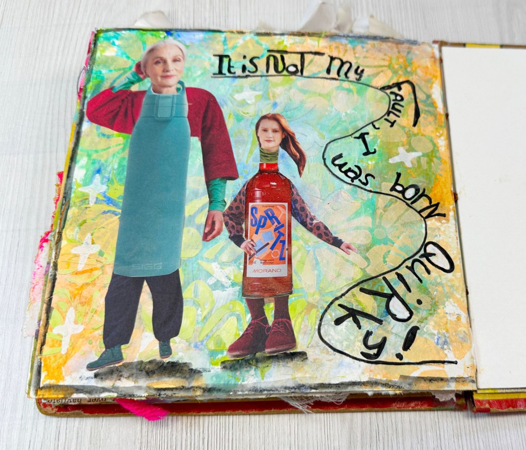 Art journal page with quirky collage people, stencil background in blue, green, and orange