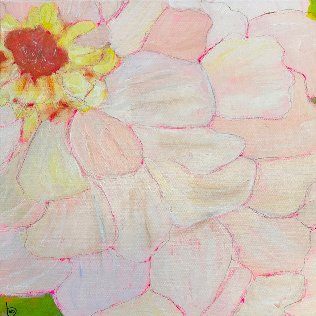 Close-up painting of a pale beige zinnia flower with subtle yellow and pink hues, featuring delicate petals and a bright center, against a soft background.