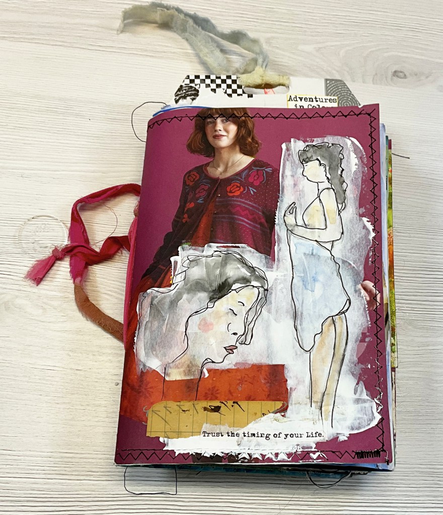 Mixed media junk journal flipthrough by Bea Grob, showing layered collage, stamps, and paint on recycled catalog pages.