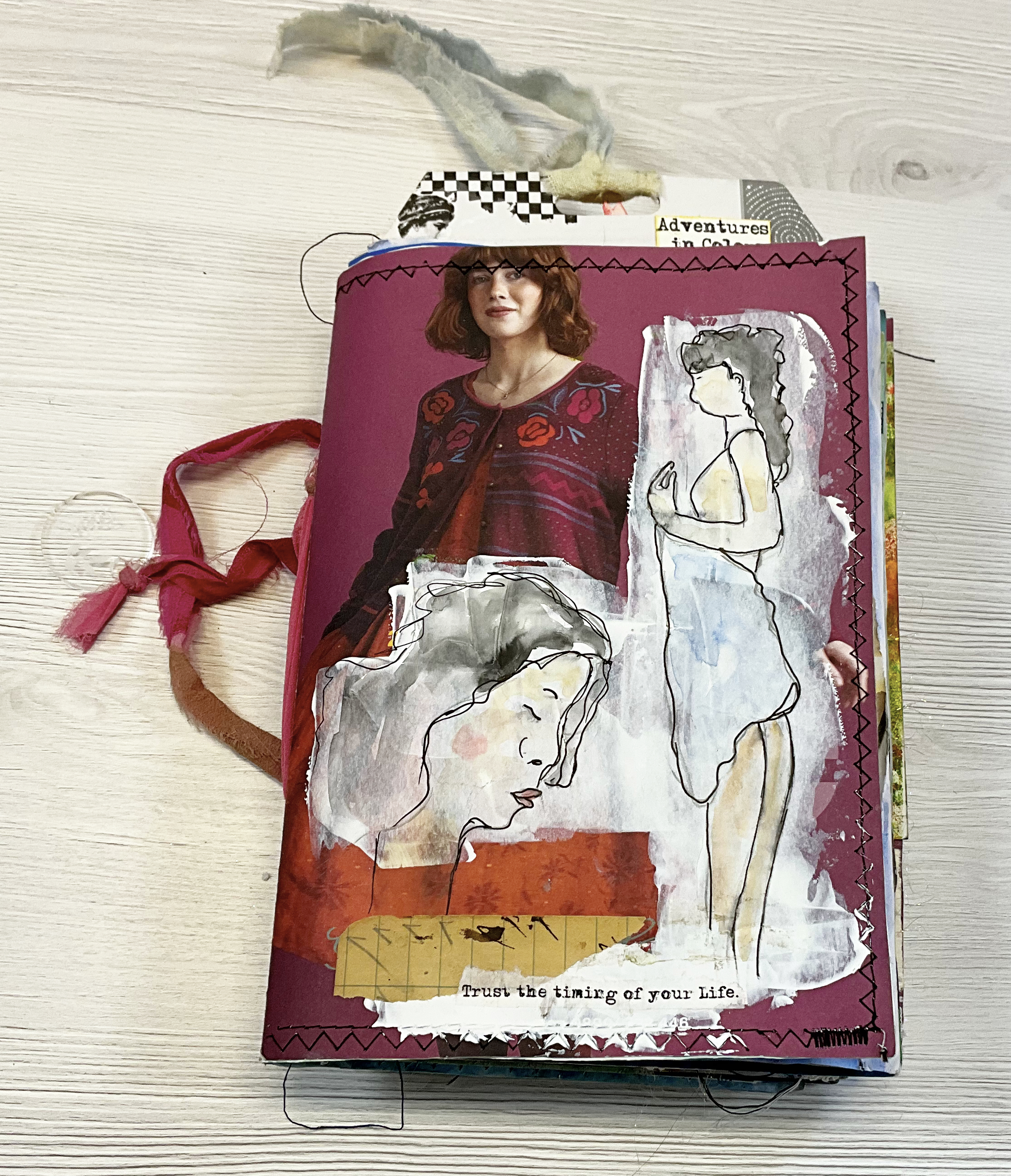 Mixed media junk journal flipthrough by Bea Grob, showing layered collage, stamps, and paint on recycled catalog pages.