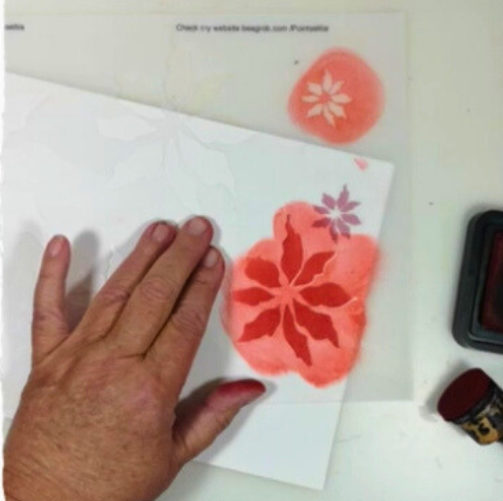 A person's hand applying ink to a flower stencil on a sheet of white paper, with floral shapes partially visible.