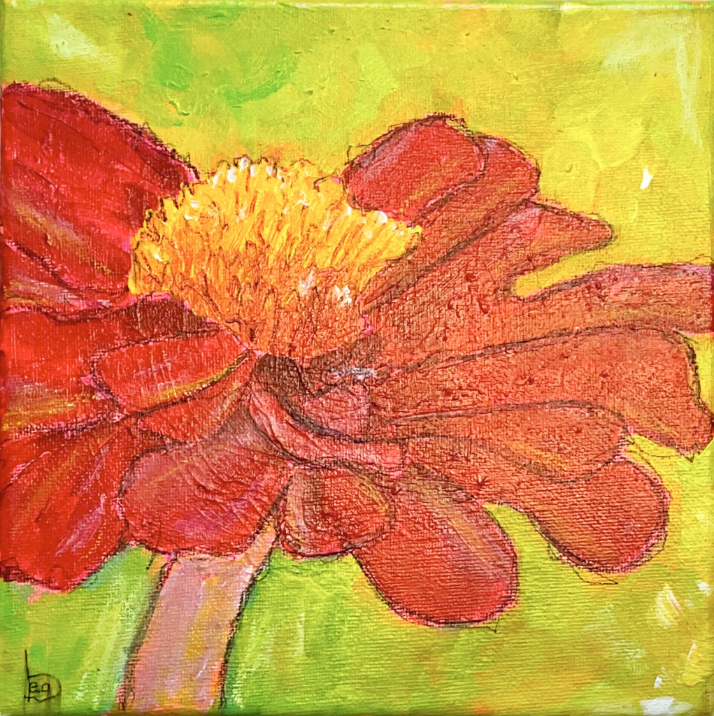 A close-up of a mixed media painting featuring vibrant red zinnia petals with a bright yellow center, set against a green background.