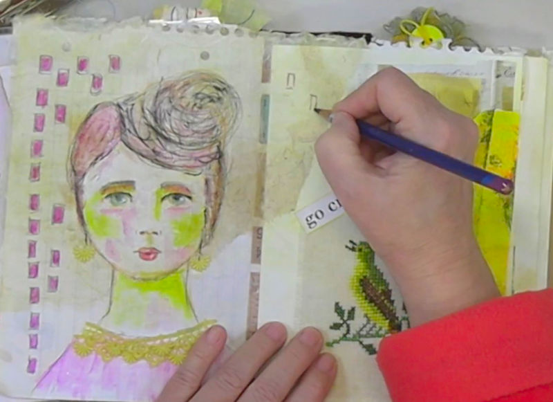 A mixed media portrait featuring a colorful illustration of a woman with pink hair and a green face, alongside collaged elements and cross-stitch art.