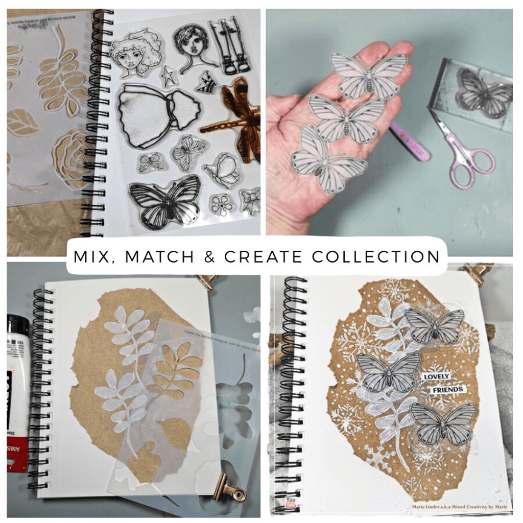 Four-image collage showing the creative process of a mixed media art journal page using the Mix, Match & Create collection by Bea Grob, including butterfly stamps, hand-cut butterfly images, layered stencils with botanical shapes, and the finished winter-themed art journal page in neutral colors.