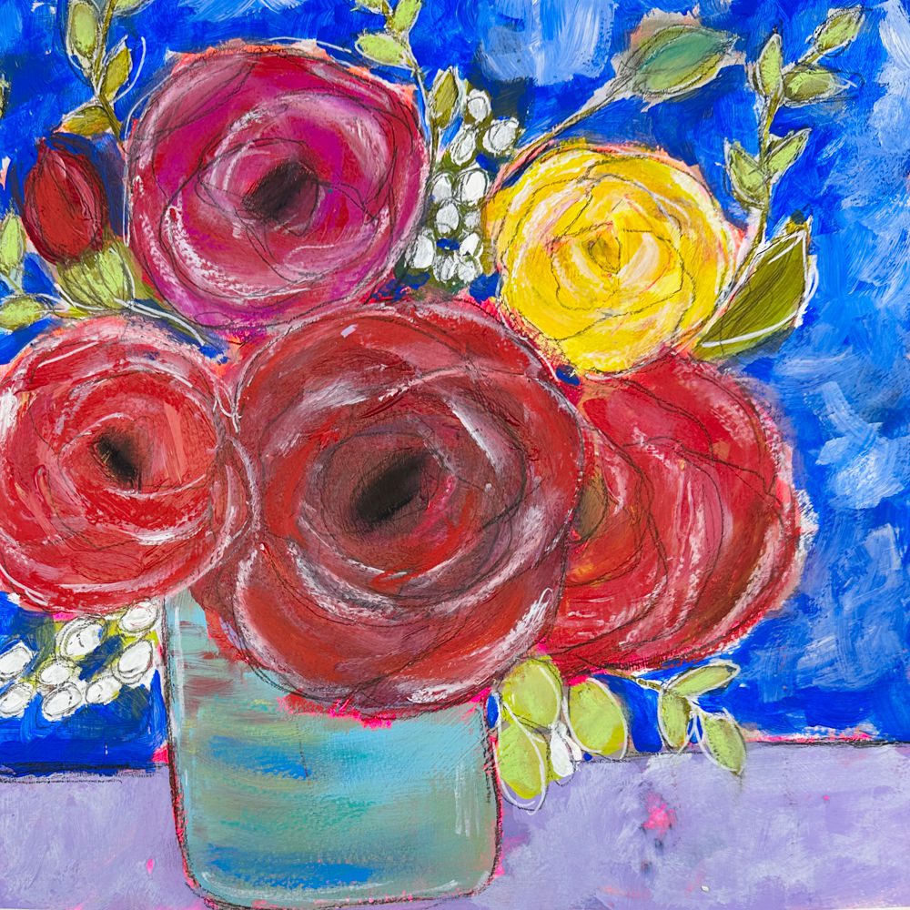 A vibrant mixed media flower bouquet in an A3 Moleskine Art Journal, featuring roses in red, pink, and yellow against a bright blue background.