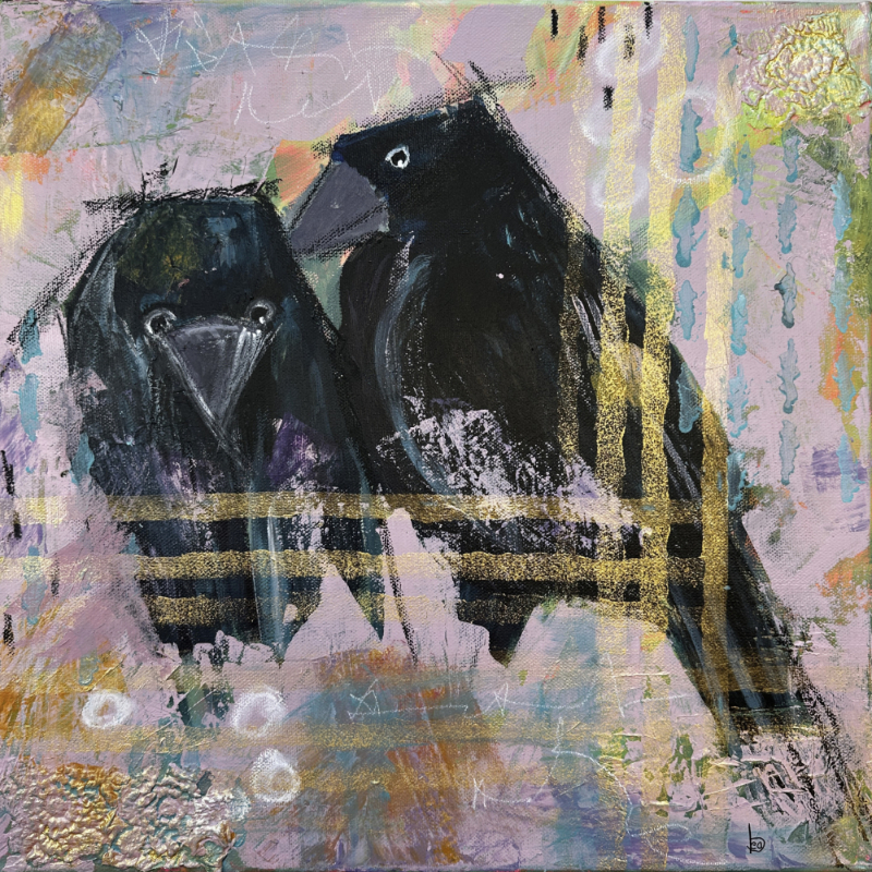 A vibrant abstract painting featuring two black crows against a colorful background with hues of pink, gold, and blue, incorporating textured patterns.