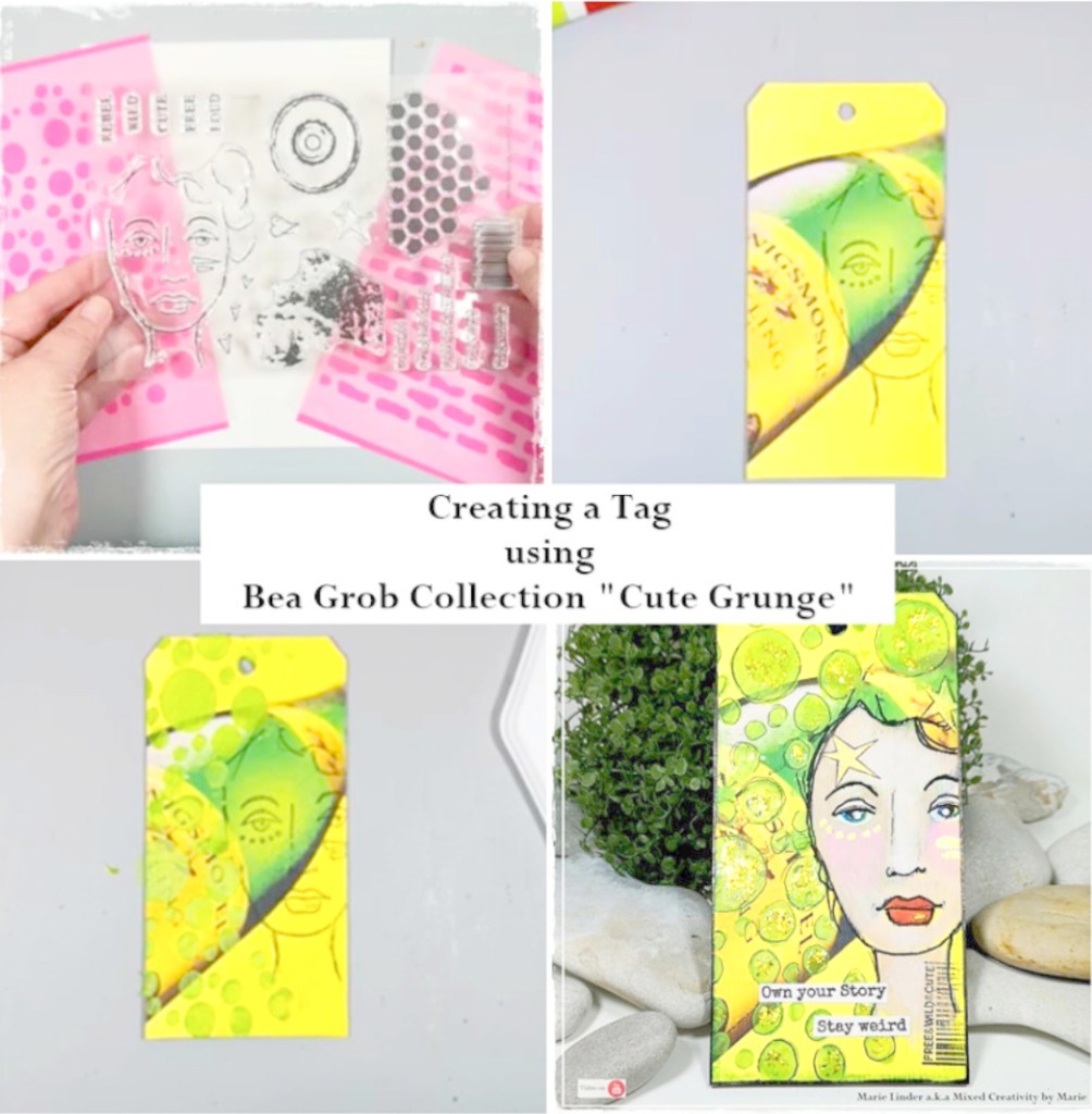 Collage featuring the process of creating a tag using the Bea Grob Collection 'Cute Grunge', showcasing stencils, a partially completed tag design, and a finished colorful tag with art elements.
