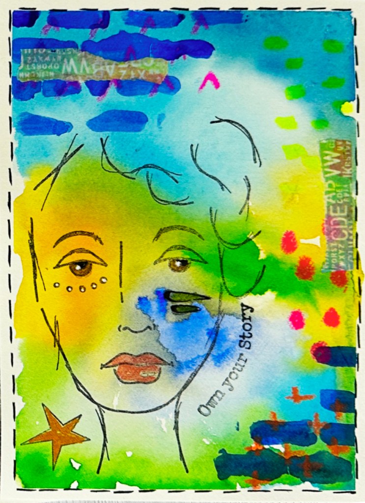A colorful abstract portrait of a woman with a stylized face, featuring vibrant watercolor backgrounds in blue, green, and yellow, and the text 'Own your Story' integrated into the design.