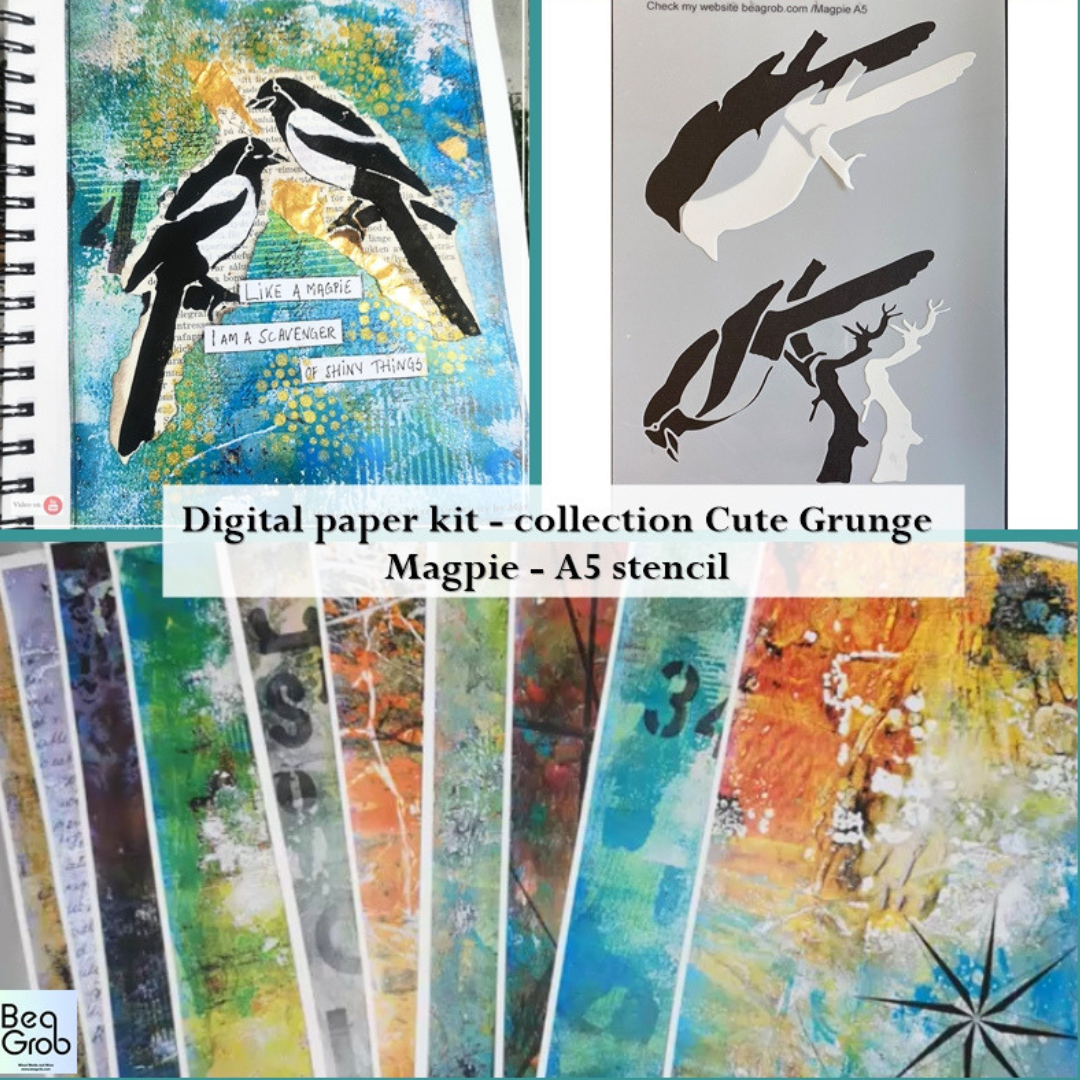 Artistic display of a journal page featuring two magpie birds with a quote about scavenging, accompanied by an A5 stencil design of a magpie, and various colorful digital paper patterns from the 'Cute Grunge Magpie' collection.