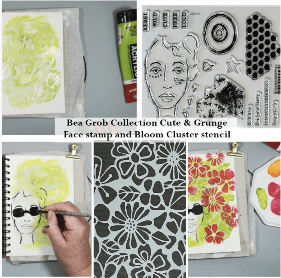 Collage of art supplies and creations including a face stamp, bloom cluster stencil, and a painting in progress with a stylish figure wearing sunglasses.