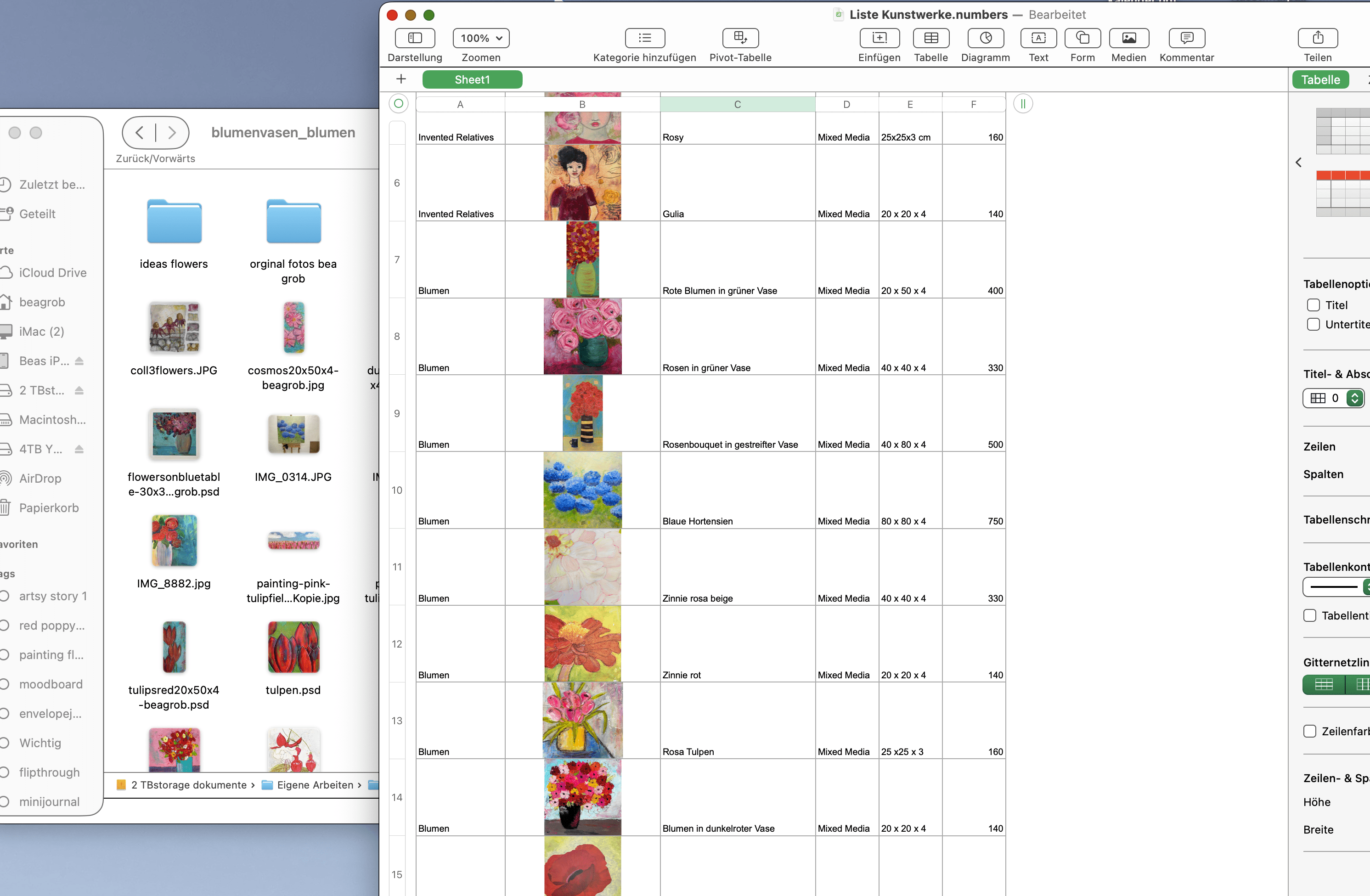 A spreadsheet displaying a list of artworks, including images and descriptions of various flower-themed mixed media pieces. The spreadsheet has columns for titles, mediums, dimensions, and other details. Additionally, a folder on the left contains image files related to flowers.