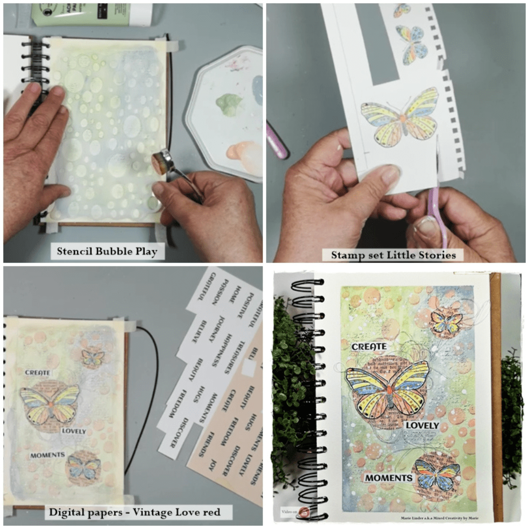 A person creating art using a stencil technique with a bubble pattern in a notebook.