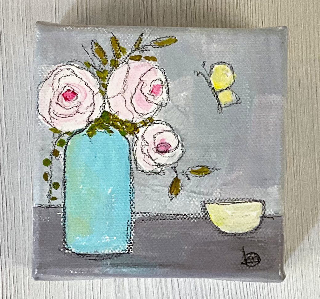 A colorful painting featuring a light blue vase with pink roses, accompanied by a small yellow bowl, set against a grey background and a butterfly flying nearby.