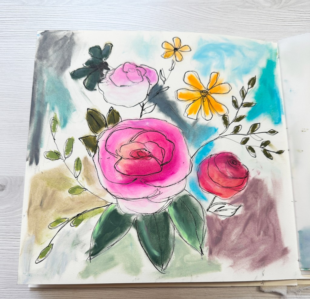 An artistic illustration of various flowers, including pink and red roses, yellow daisies, and green leaves, set against a colorful, abstract background.