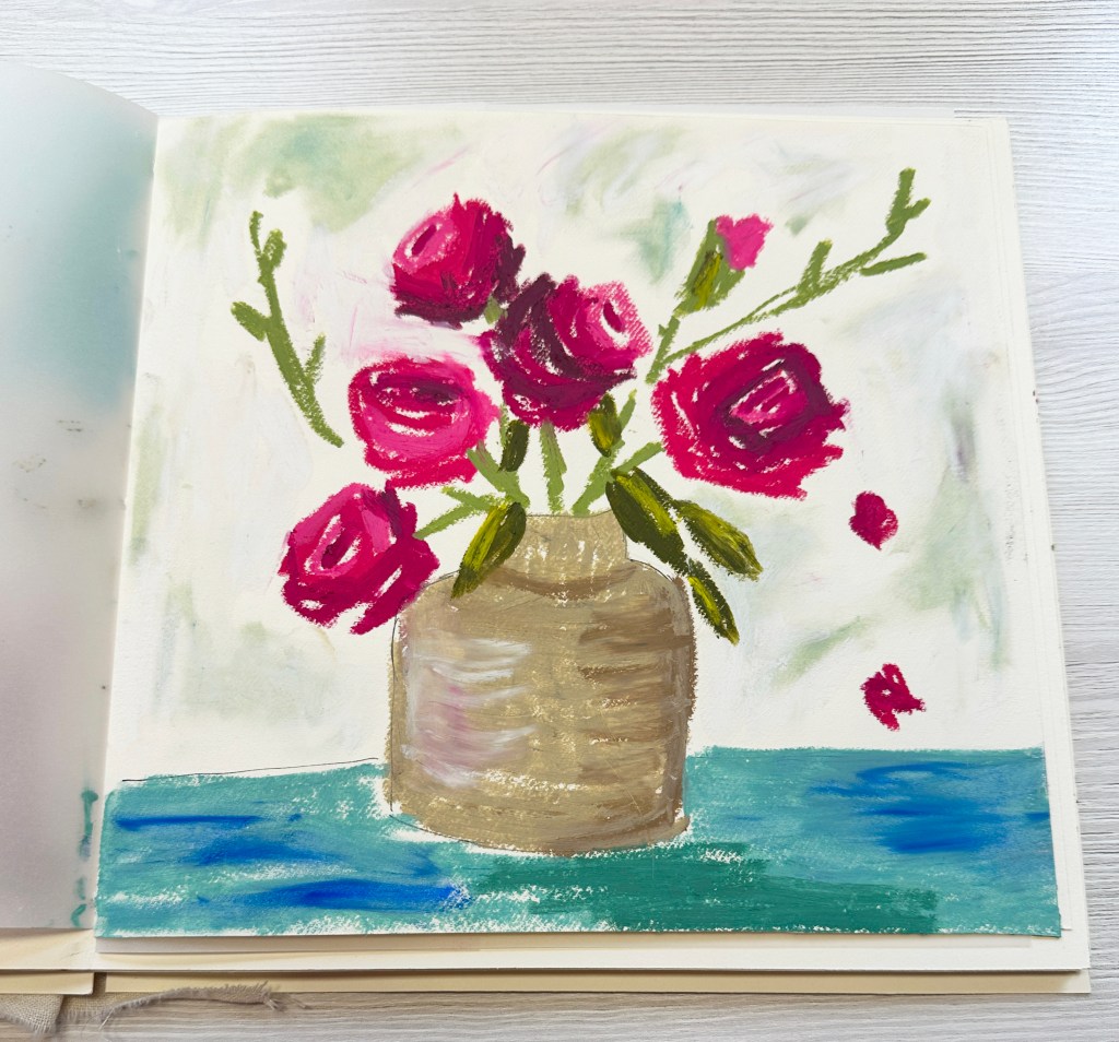 A colorful painting of a vase filled with pink roses on a blue table.